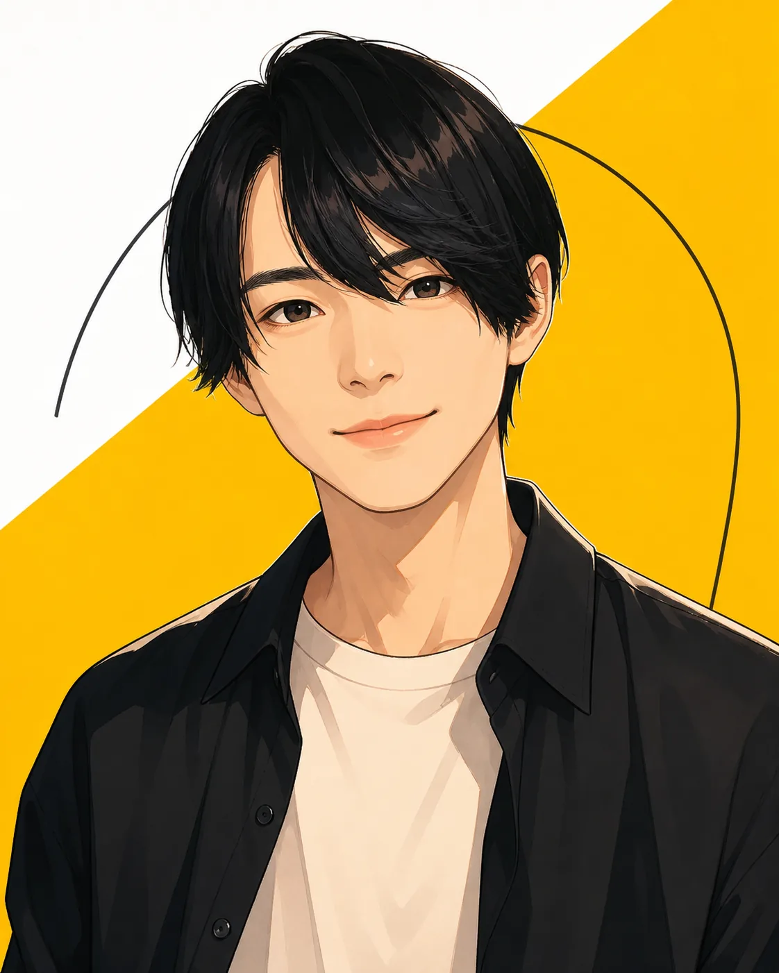 添付写真を基に制作した、私服姿のかずきのアニメ風プロフィールイラスト